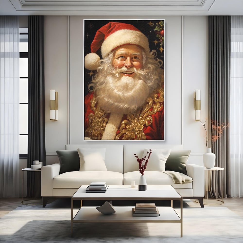 Tablou canvas cu tablou canvas cu portretul lui mos craciun, in rama de aluminiu argintiu, pe perete intr-un living